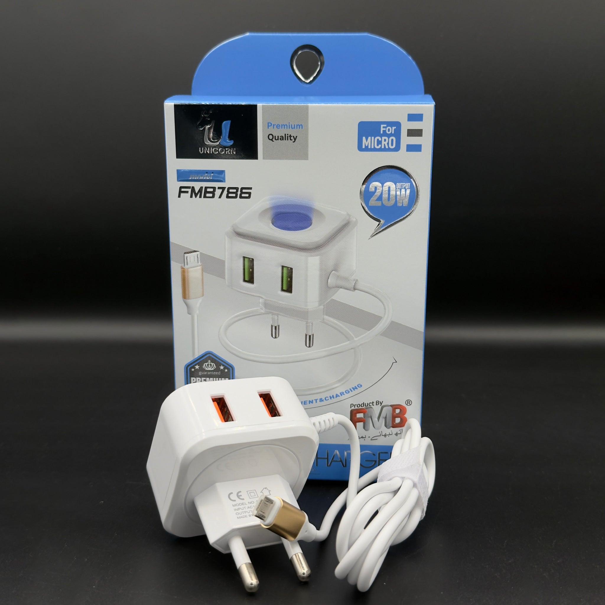 FMB Unicorn 20W 3-Port Charger with Built-In Micro-USB Cable & LED Indicator