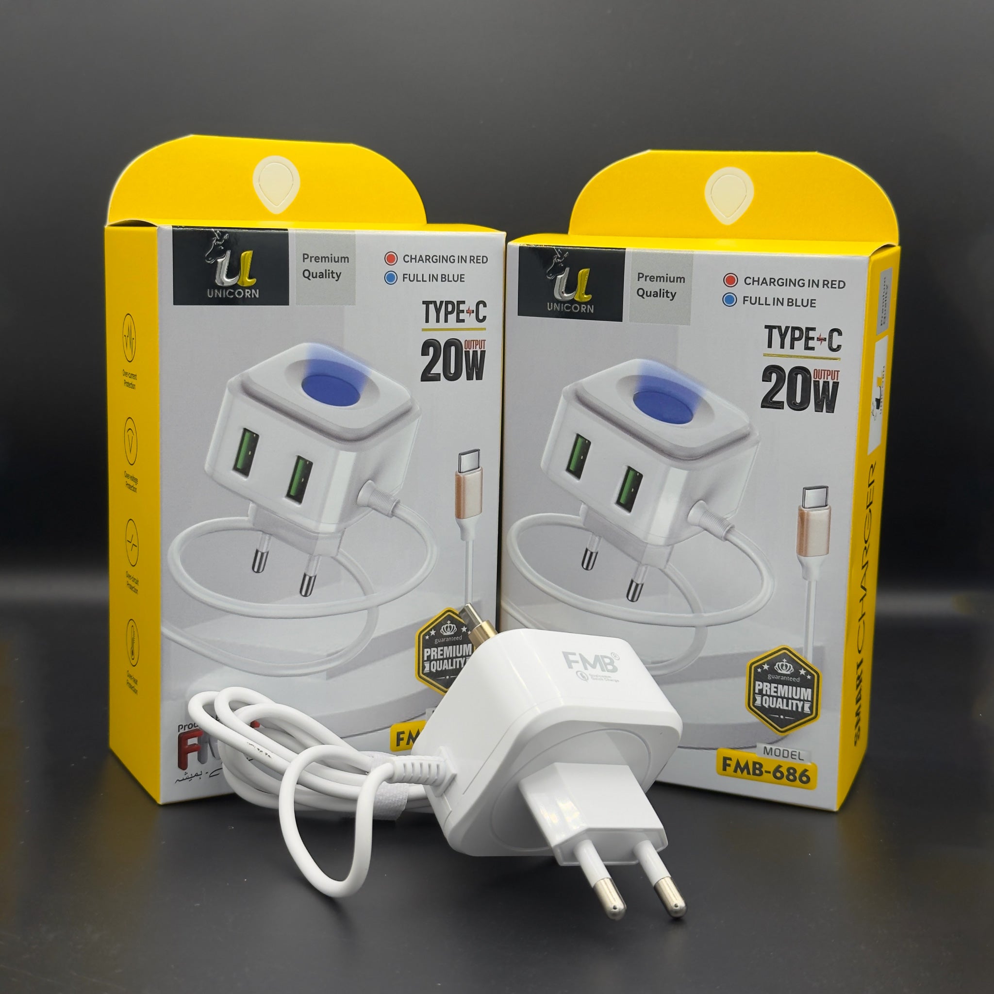 FMB Unicorn 20W 3-Port Fast Charger with Built-In Type-C Cable & LED Indicator